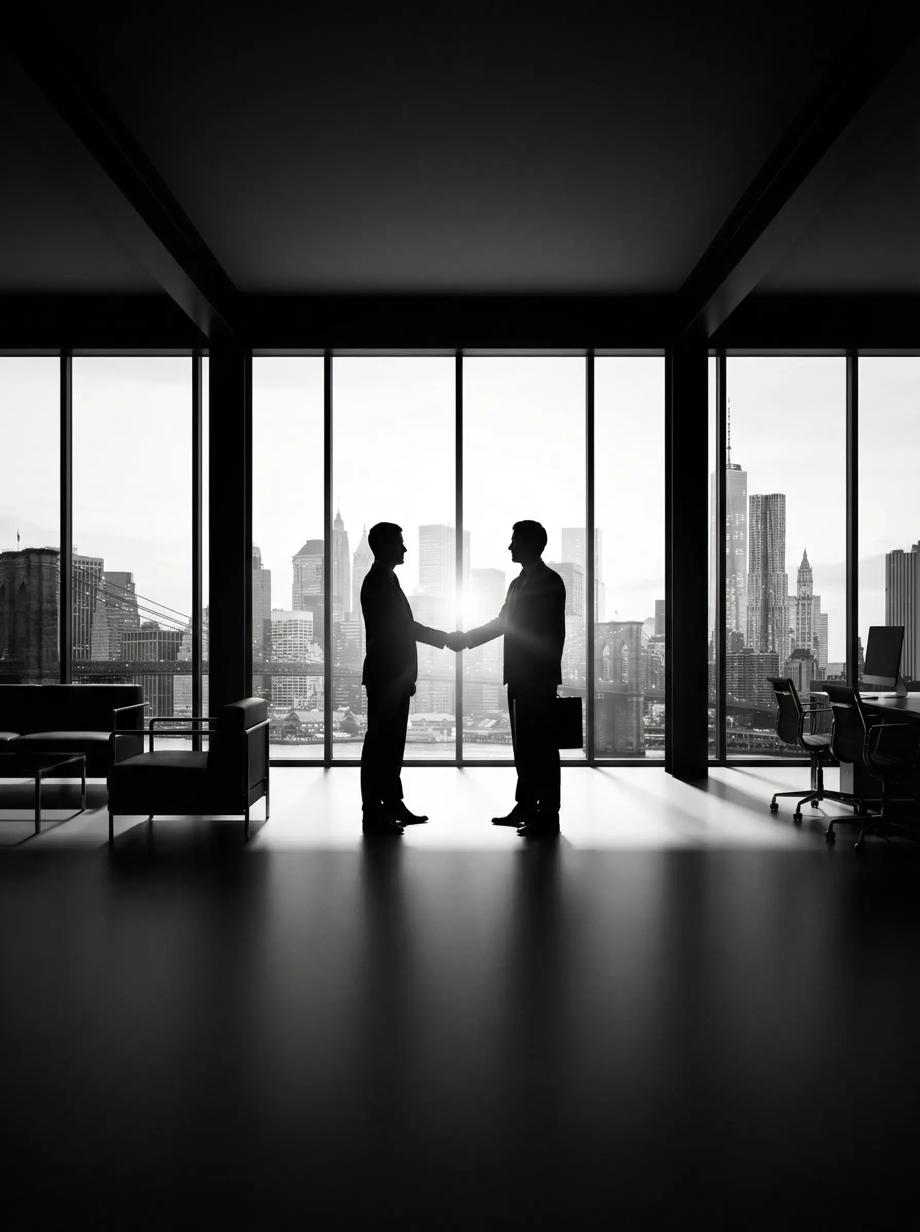 Two professionals shaking hands in modern office with city skyline
