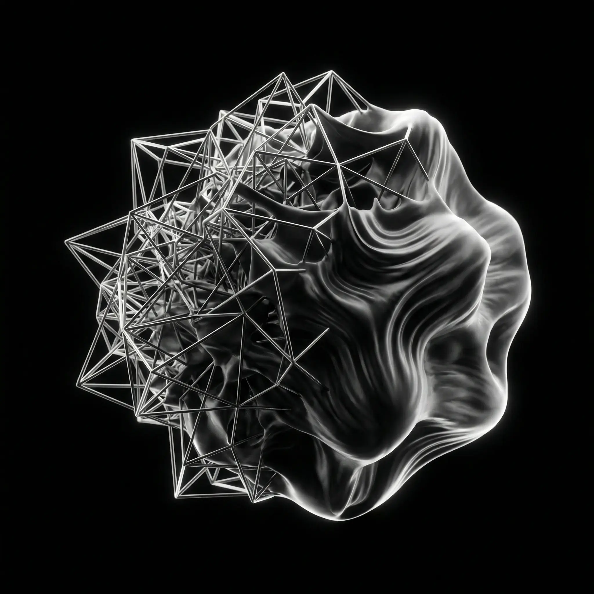 Abstract wireframe mesh transforming into organic form