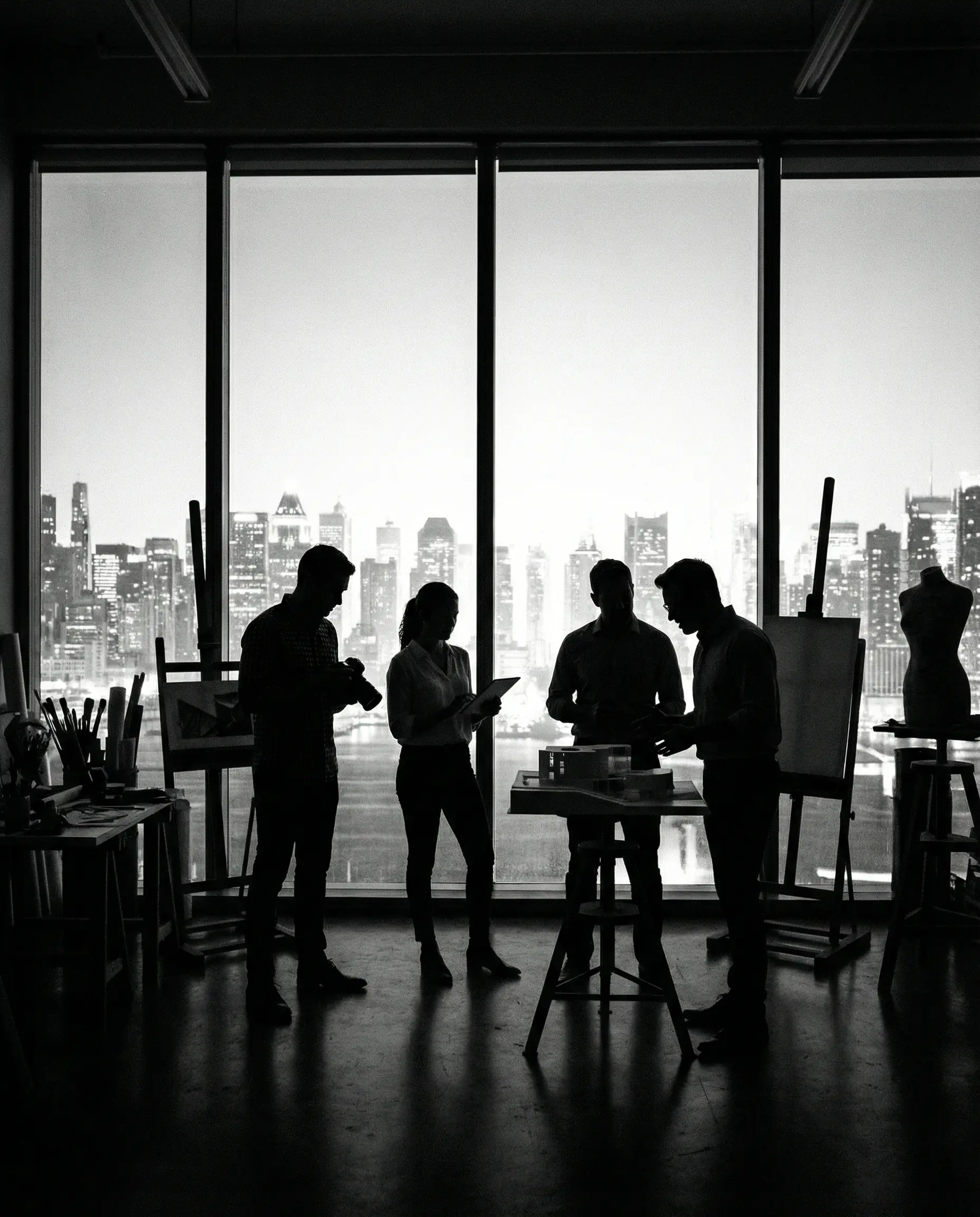 Creative team collaborating in modern studio with city skyline