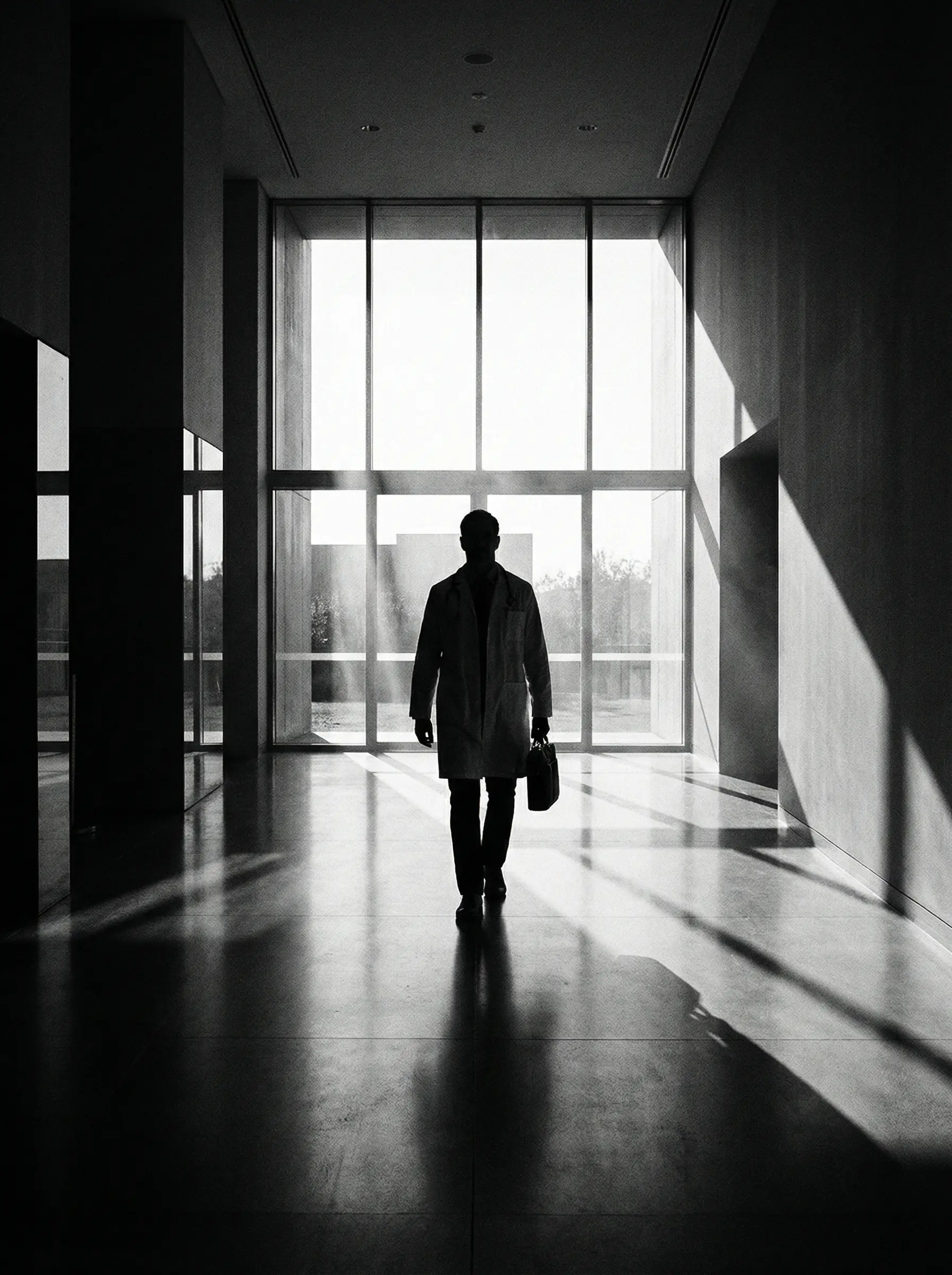 Doctor walking through modern clinic hallway