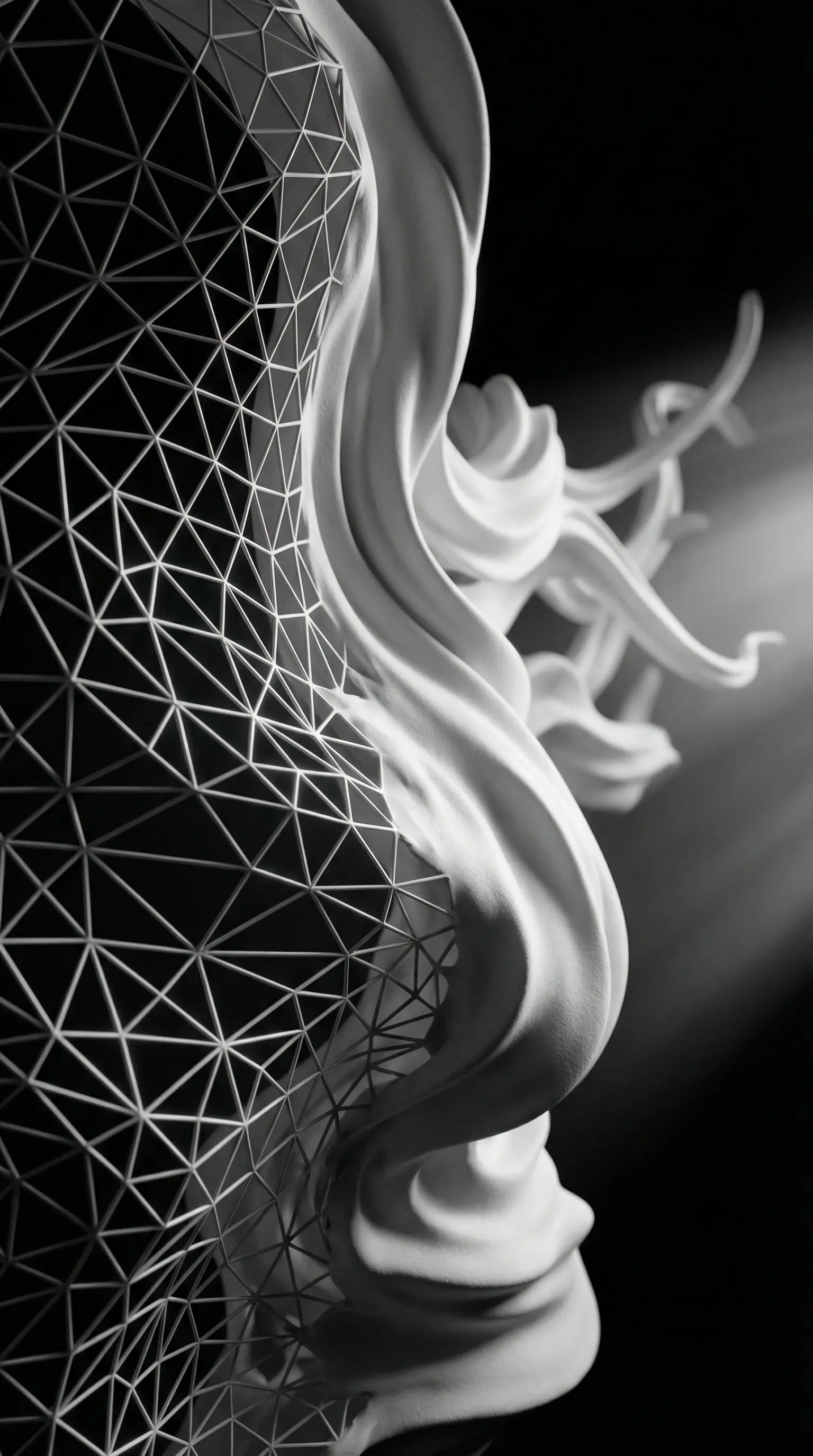 Abstract 3D wireframe sculpture transforming into organic form
