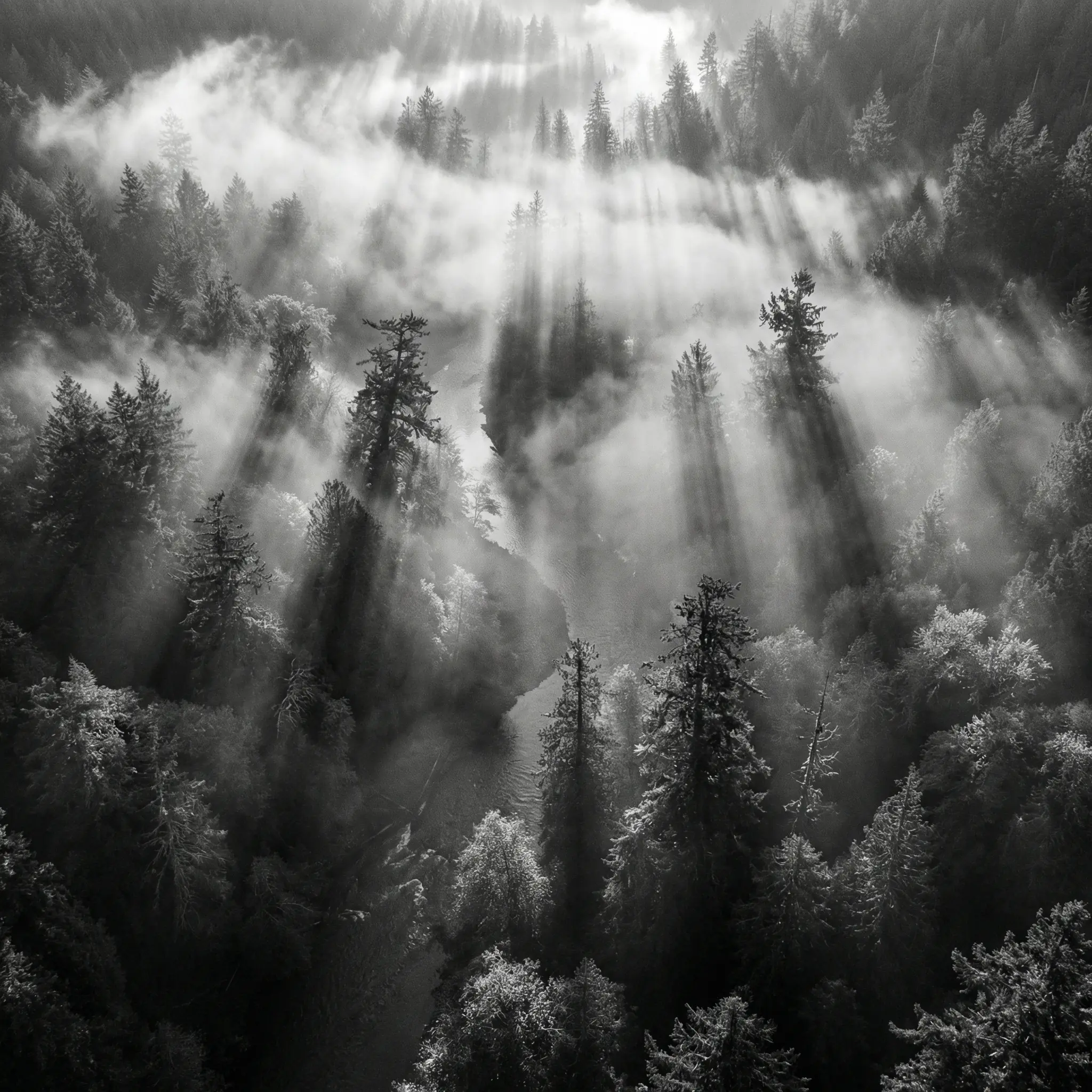 Aerial view of forest canopy with morning mist
