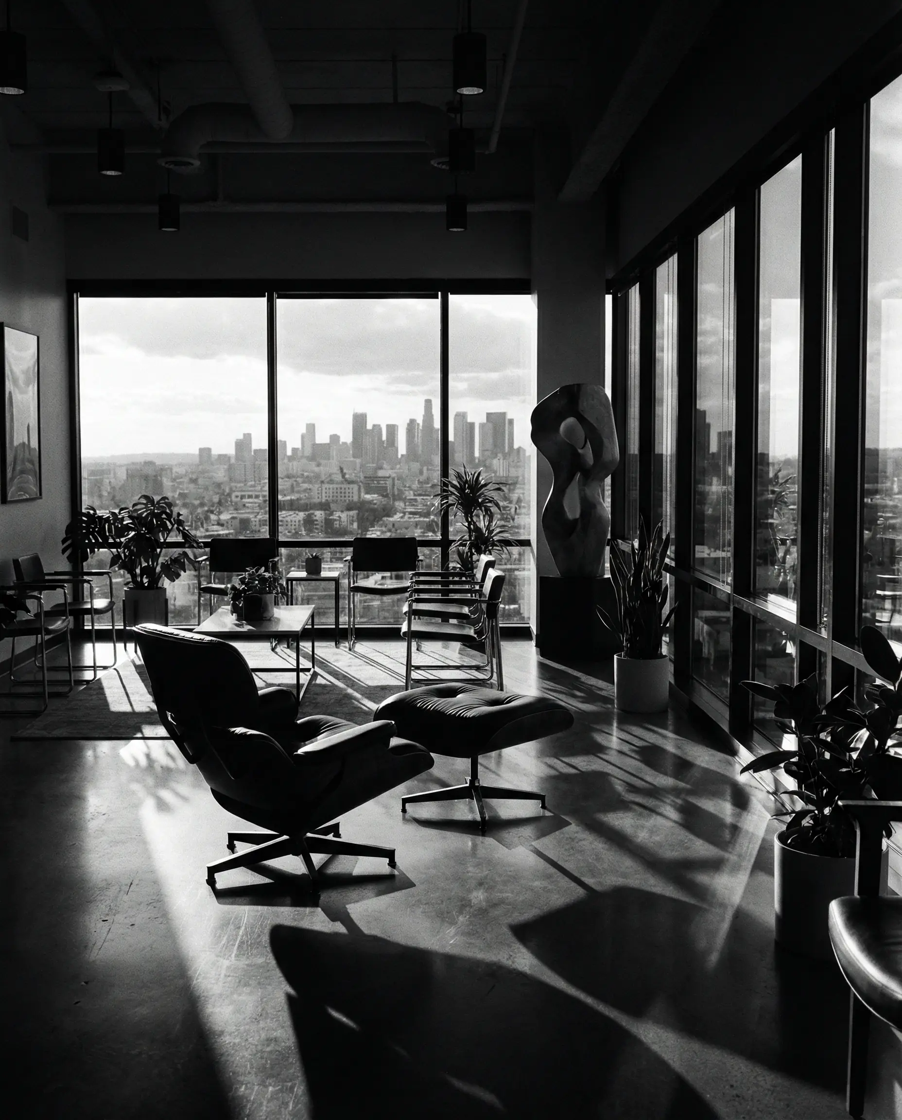 Modern office with Eames chair overlooking city skyline